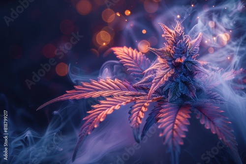 Close-up of a vibrant, glowing cannabis plant with colorful leaves amid mystical smoke in purple and orange hues, creating an ethereal atmosphere.