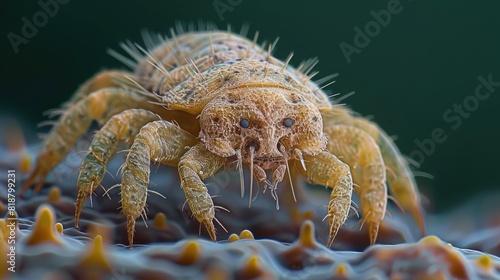 Close-up of a tiny orange insect with hairy legs and body on a plant. Macro photography showcasing the intricate details of small arthropod.