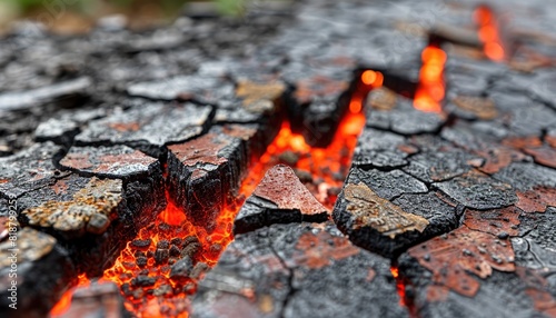 Close-up of glowing hot lava cracks on a scorched earth surface, showcasing the intense heat and dynamic texture of volcanic activity.