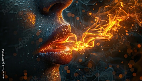 Close-up of sensual lips breathing fire, with vibrant flames and mystical glowing effects in a dark, mysterious background. photo
