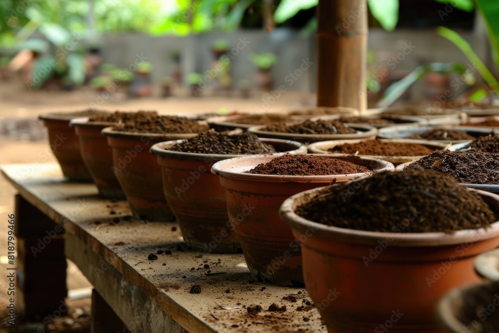 A queue of pots with soil ready for sowing for plant and food production A queue of pots with soil ready for sowing for plant and food production