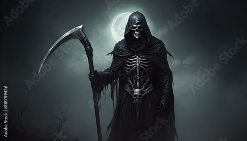 A spectral figure with a scythe his gaze piercing