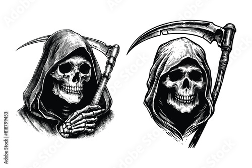 grim reaper skull holding a scythe. black and white hand drawn grim reaper illustration
