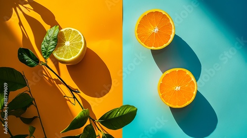 Two oranges and a leaf on a blue and yellow background.