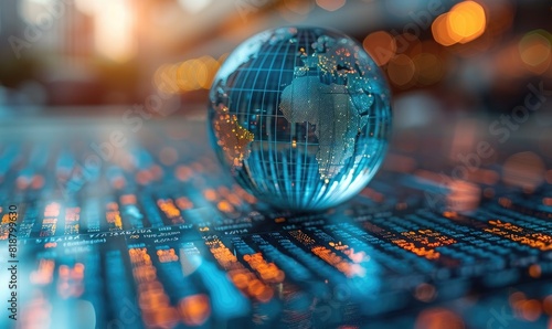 Transparent globe on a digital stock market ticker, representing global finance, economy, and technology advancements with a bokeh effect background. photo
