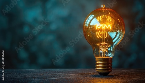 Vintage light bulb glowing warmly against a dark blue background. A beautiful representation of creativity, ideas, and innovation. photo
