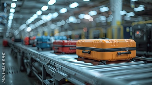 Vibrant suitcases on an airport conveyor belt; baggage handling system in a modern terminal. Efficient luggage transport and travel concept.
