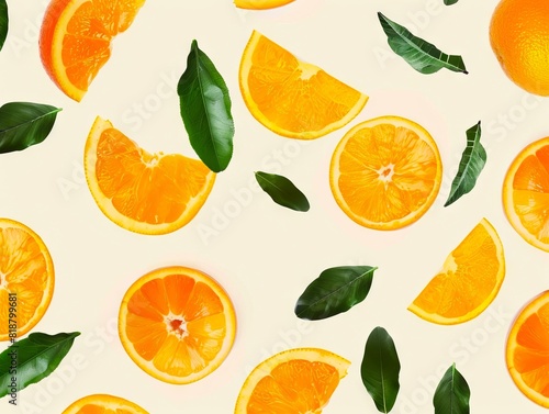 Oranges and leaves on a white background.