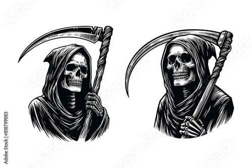 grim reaper skull holding a scythe. black and white hand drawn grim reaper illustration