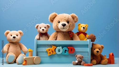 Baby kid toys in a toy box. With a light blue background, a container holds educational wooden toys and a teddy bear. beautiful selection of toys for young kids. frontal view © UZAIR