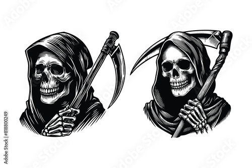 grim reaper skull holding a scythe. black and white hand drawn grim reaper illustration photo