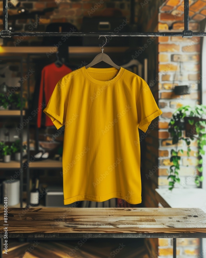 Fototapeta premium Bright yellow T-shirt displayed on a hanger in a trendy brick-walled boutique with plants