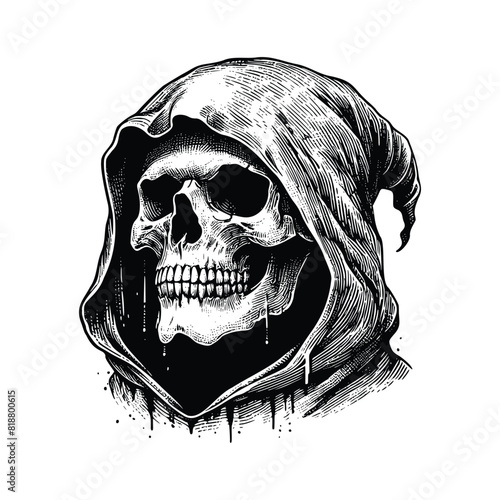 hooded grim reaper skull. black and white hand drawn grim reaper illustration