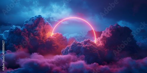Abstract ring illuminated by neon light on a colorful background with clouds, photo