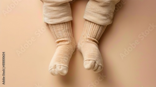 A baby wearing socks and pants on a beige background. photo
