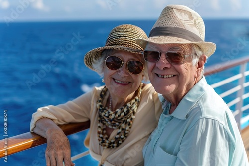  A senior couple enjoying their golden years by traveling on a luxurious cruise ship.