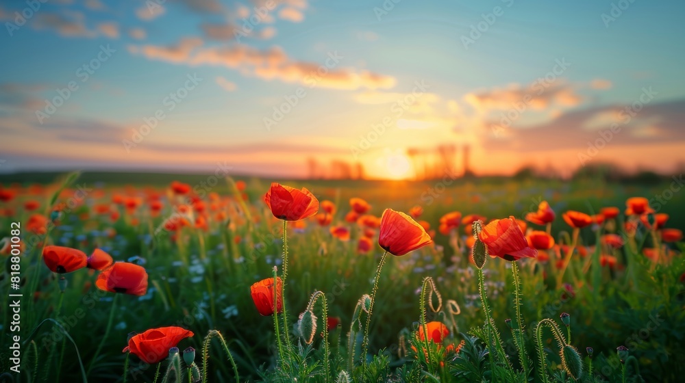 Orange poppy flowers in spring field at sunset, beautiful landscape with blue sky background