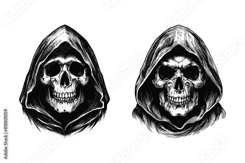 hooded grim reaper skull. black and white hand drawn grim reaper illustration