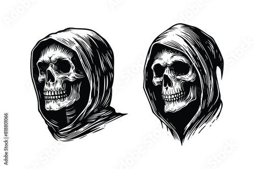 hooded grim reaper skull. black and white hand drawn grim reaper illustration