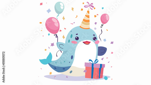 Festive cartoon narwhal with gift box tied by ribbon