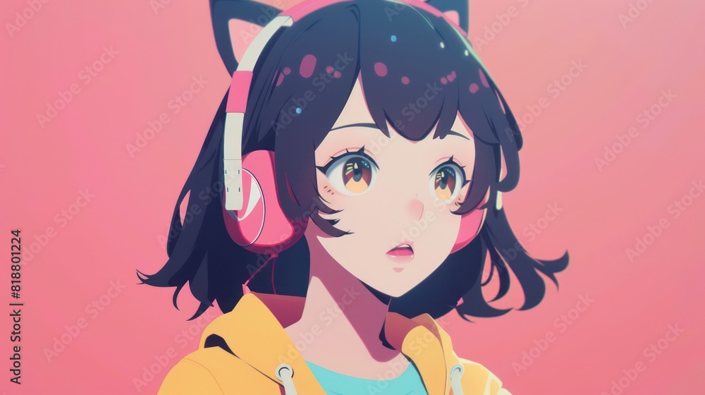 A vibrant illustration of a youthful girl wearing cat ear headphones and a colorful hoodie against a pink background A vibrant illustration of a youthful girl wearing cat ear headphones and a colorful hoodie against a pink background