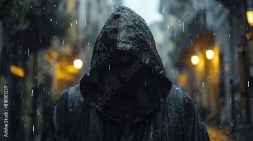 Mysterious Hooded Figure in the Rain on Urban Street