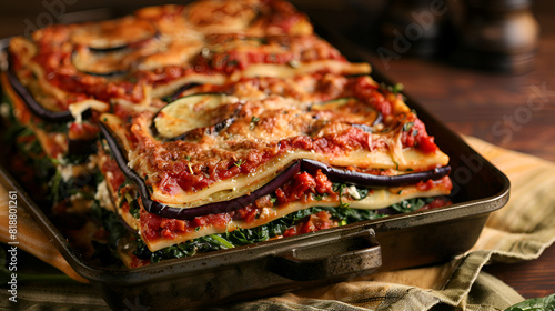 White Plate With Eggplant Lasagna in Sauce,Classic Lasagna with bolognese sauce,