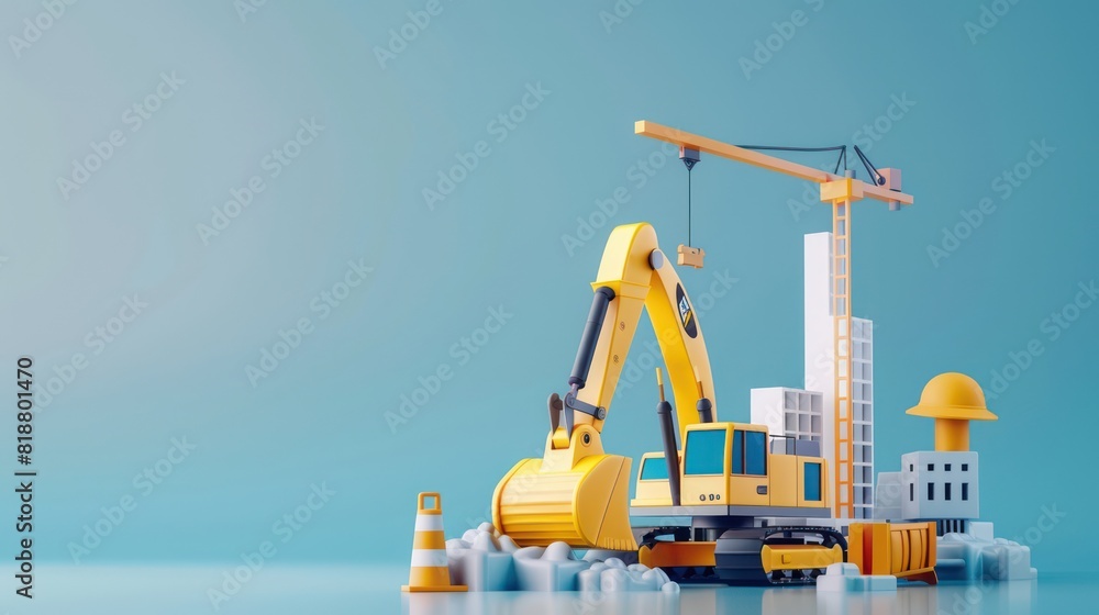 An illustration of a construction scene with a large crane, digger, and building structures against a blue background An illustration of a construction scene with a large crane, digger, and building structures against a blue background
