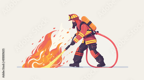 Firefighter extinguishing fighting fire with hose hol
