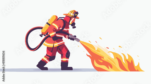 Firefighter extinguishing fighting fire with hose hol photo