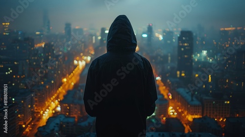 Hooded Figure on Rooftop Overlooking Cityscape at Night