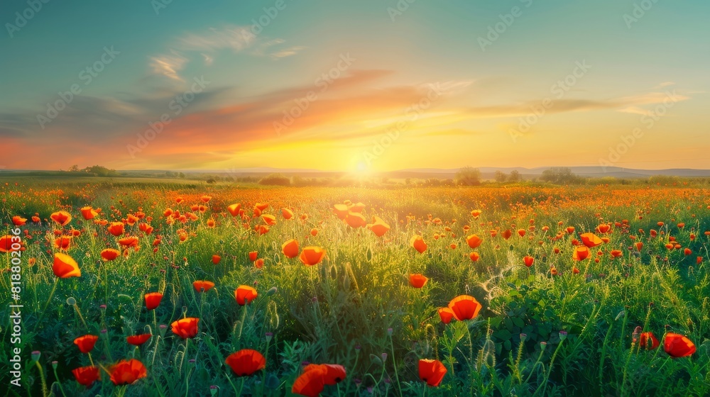 spring landscape featuring vibrant orange poppy field with beautiful sunset scenery