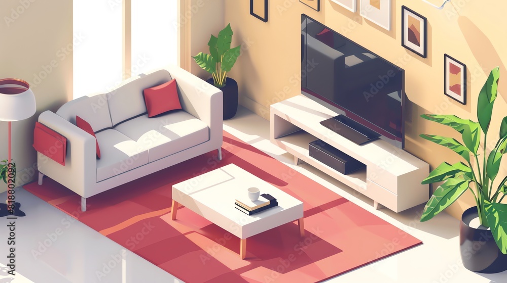 family room isometric interior home design. an illustration in 3d