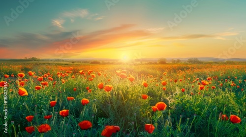 spring landscape featuring vibrant orange poppy field with beautiful sunset scenery