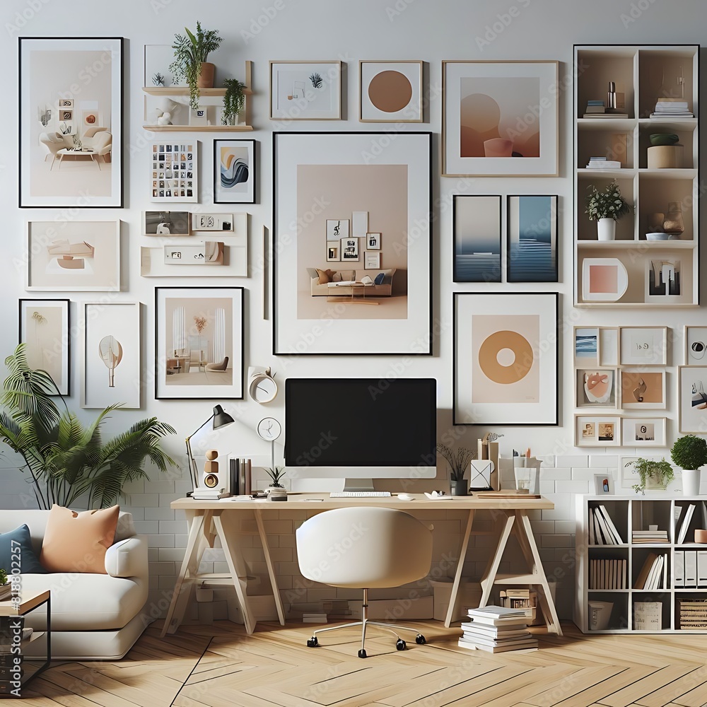A Room with a mockup poster empty white and with a computer desk in office and shelves and pictures on the wall realistic design card lively image. A Room with a mockup poster empty white and with a computer desk in office and shelves and pictures on the wall realistic design card lively image.