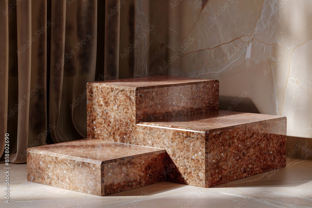 Podiums steps made of granite stone for product advertising, placement, graphic background. Brown pink speckled polished rock. 