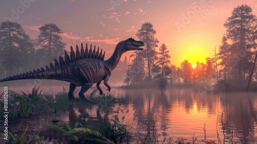 A Spinosaurus near a swamp at twilight