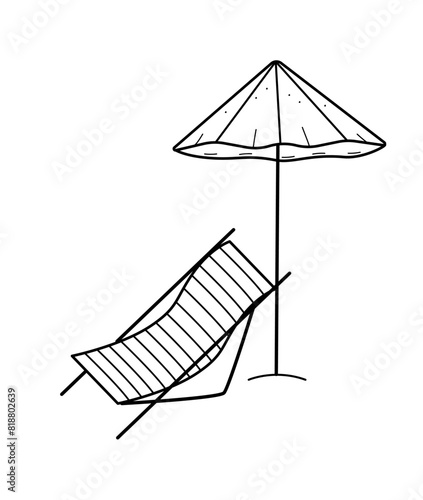 Chaise longue beach umbrella doodle icons. Vector illustration of the concept of a summer beach holiday vacation relax. Isolated on white.