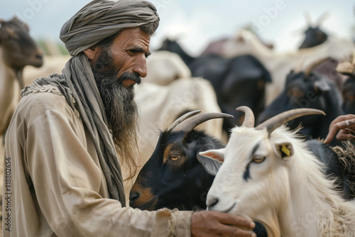 a muslim petting his goat, eid l adha concept photo