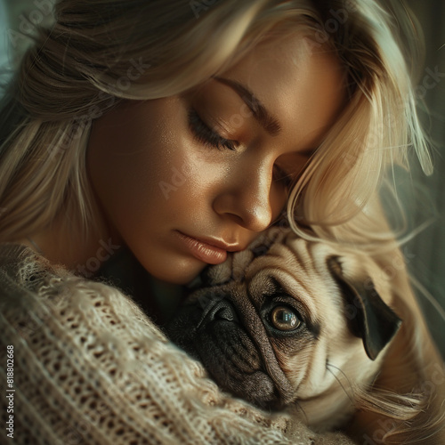 En un momento de serenidad, la modelo posa con un encantador cachorro de pug, su expresión tranquila refleja la complicidad con la cámara, mientras la luz resalta cada detalle de su rostro angelical.  photo