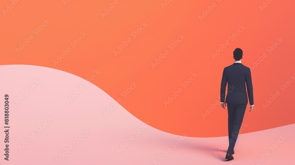 A businessman in a suit walks towards a blank, minimalist horizon with a contrasting curve separating colors A businessman in a suit walks towards a blank, minimalist horizon with a contrasting curve separating colors