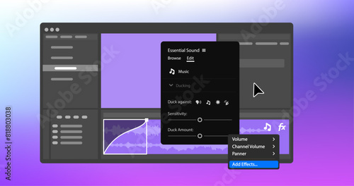 Interactive Fade Handles on audio clips. Timeline in Video editor. Essential Sound menu Panel. Vector illustration
