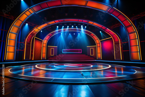 Artistic performances stage light background with spotlight illuminated the stage for modern dance. Empty stage with contrast and bold colors backdrop decoration. Lighting design. Entertainment show.
