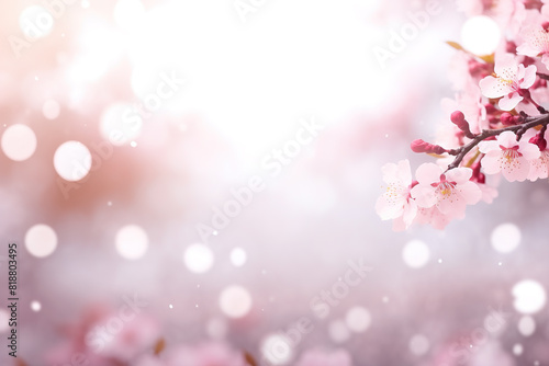 A delicate pink cherry blossom branch in full bloom forms a beautiful border against a spring background. Flower frame.
