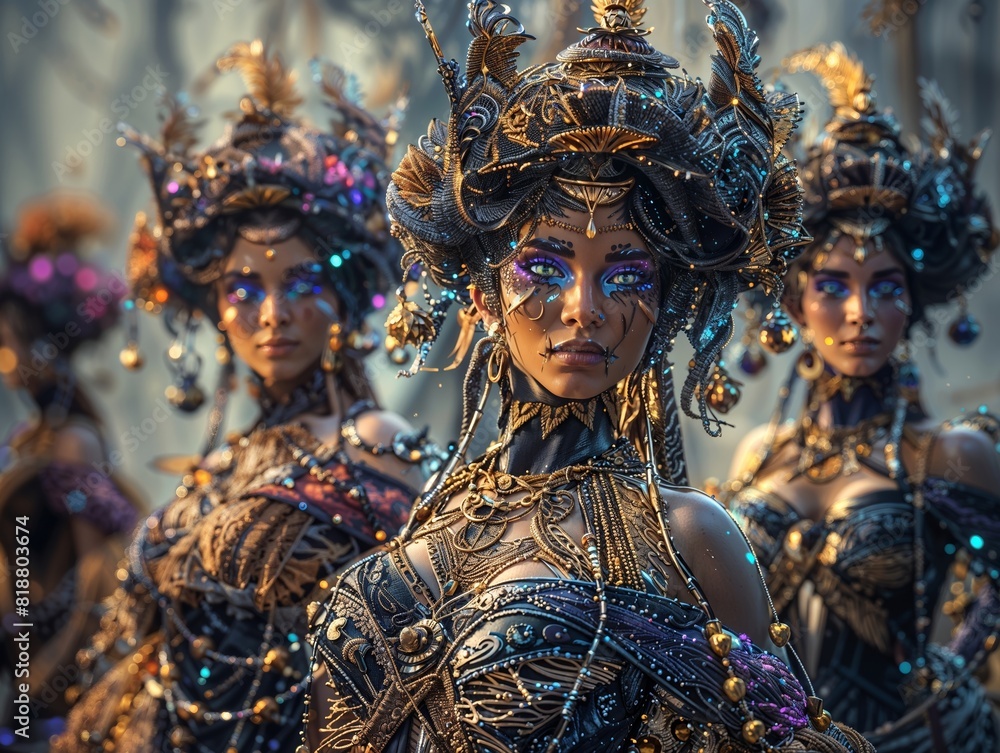 Fantasy Women in Ornate Costumes with Intricate Headpieces and Face Paint