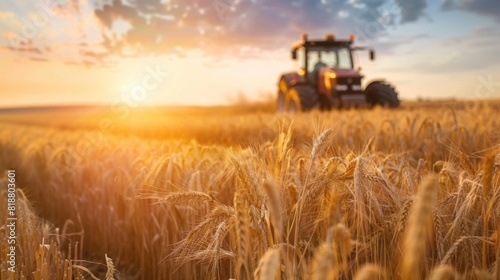 A tractor working in a field of wheat.