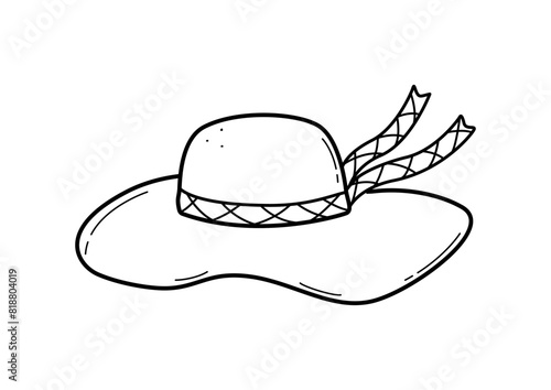 Summer women's hat with a ribbon from the sun. Vector illustration cartoon doodle style, accessory headdress