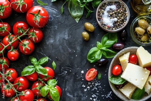 A variety of ingredients for an Italian menu of fresh tomatoes and basil, olives and cheese are located on a dark surface