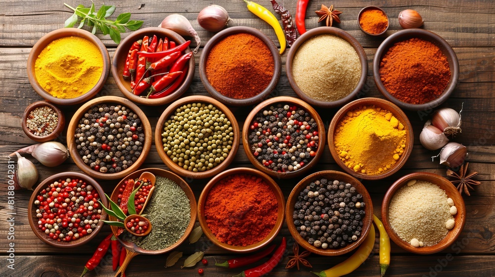 Colorful array of spices and herbs on wooden background Colorful array of spices and herbs on wooden background