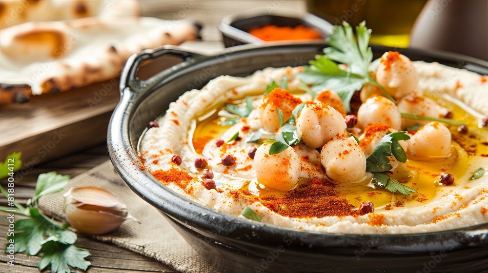 Creamy homemade hummus topped with chickpeas and herbs Creamy homemade hummus topped with chickpeas and herbs